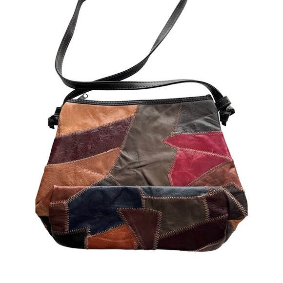 Handmade Genuine Leather Multicolor Patchwork Crossbody Bag W/ Zipper Pockets - Picture 4 of 6